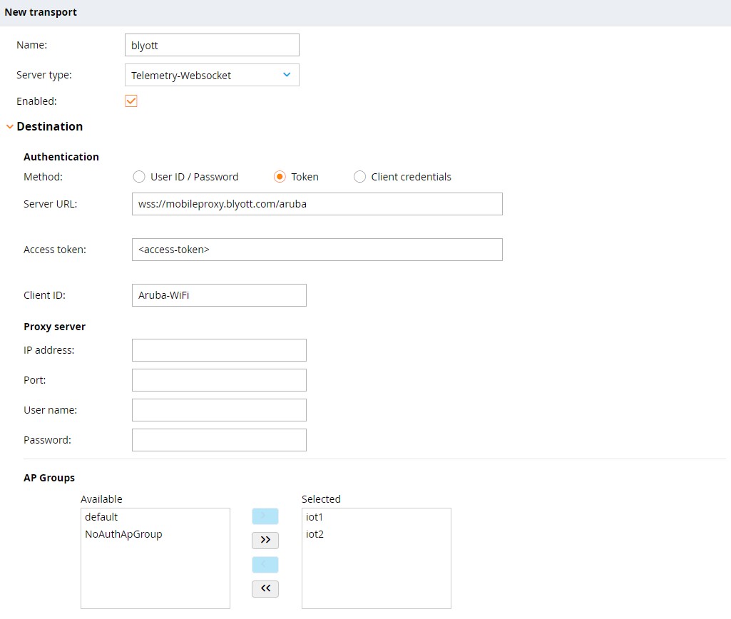 ArubaOS IoT transport profile configuration Blyott